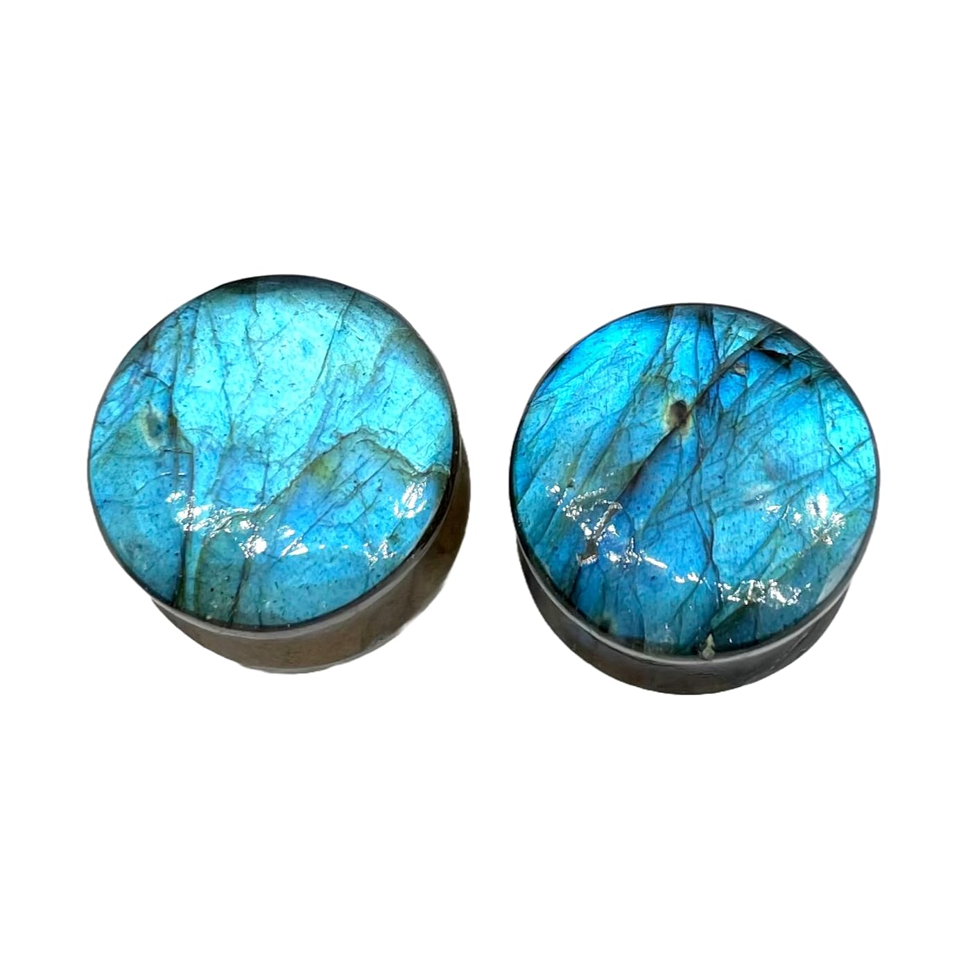 High Quality Natural Blue Flash Labradorite Crystal Handmade Double Flare Saddle Round Ear Plug Body Jewelry Gauge Size 8g (3mm) to 2" Customized Wholesale Available