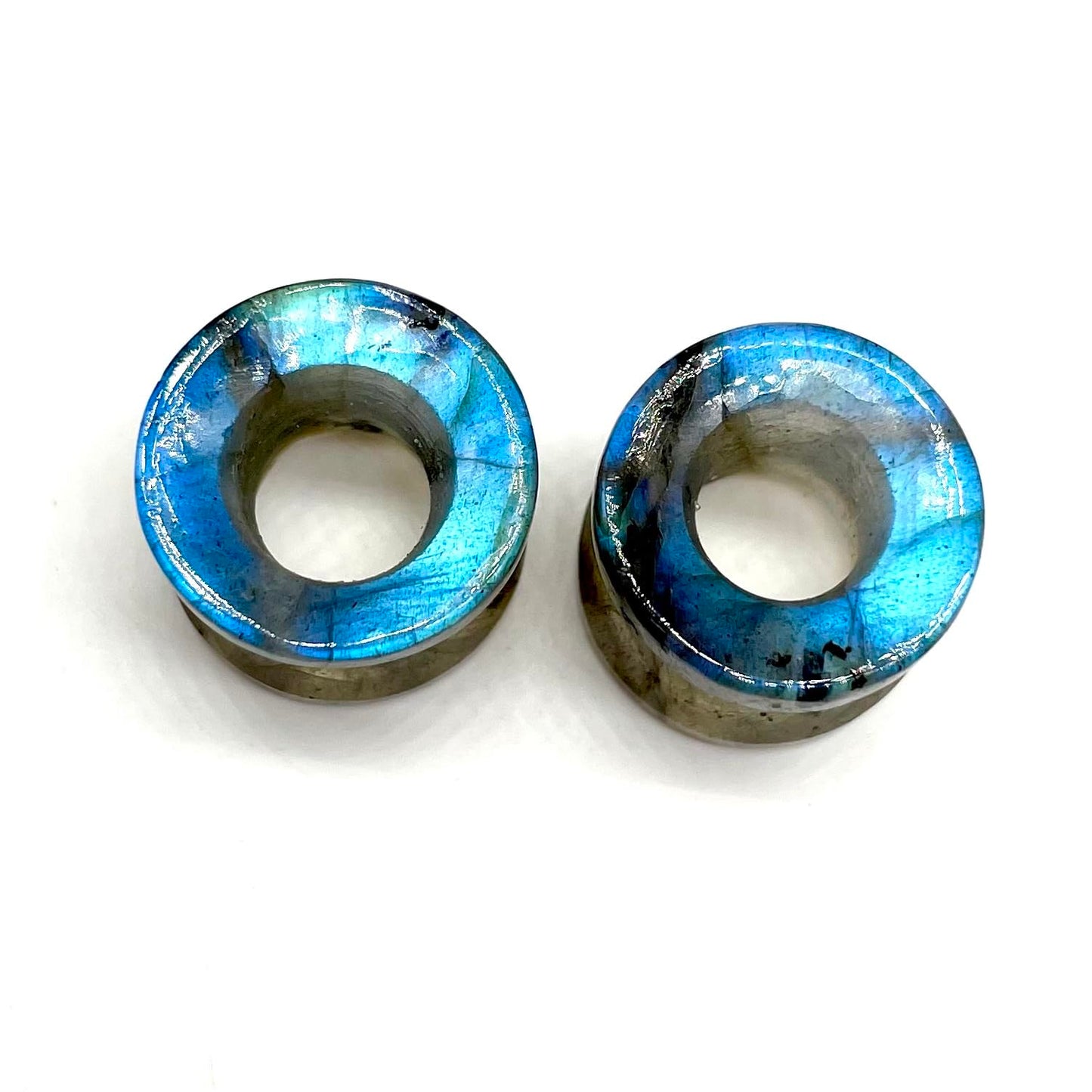 Pair of Natural Blue Flash Labradorite Crystal Handmade Ear Piercing Naga Body Jewelry Double Flare Round Shape Tunnel Plug Size 6g (4mm) to 1" (25mm) Customized Wholesale Also Available