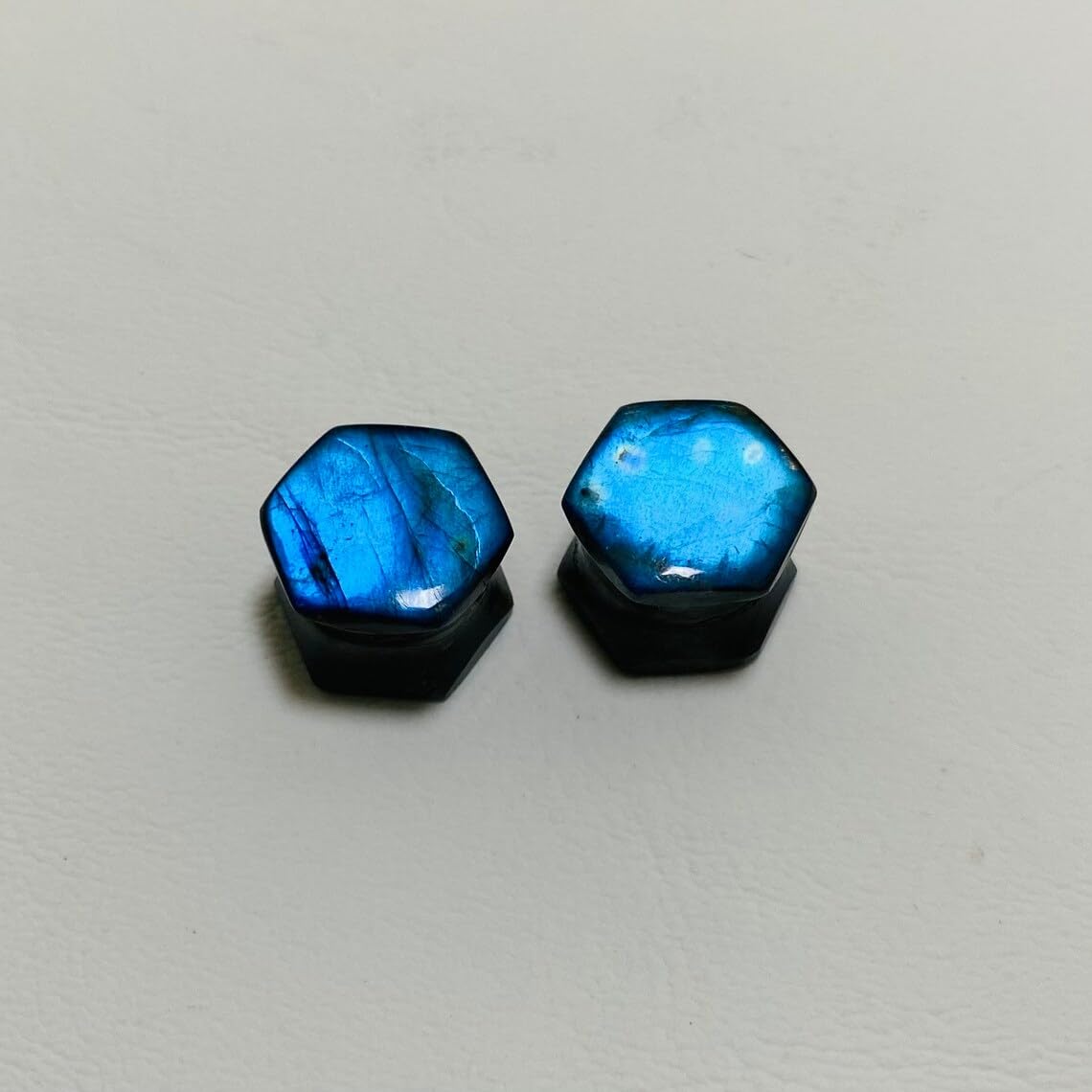 Body Piercing Jewelry Pair of Natural Blue Flash Labradorite Gemstone Handmade Hexagon Gauges Plugs (Set of 2)