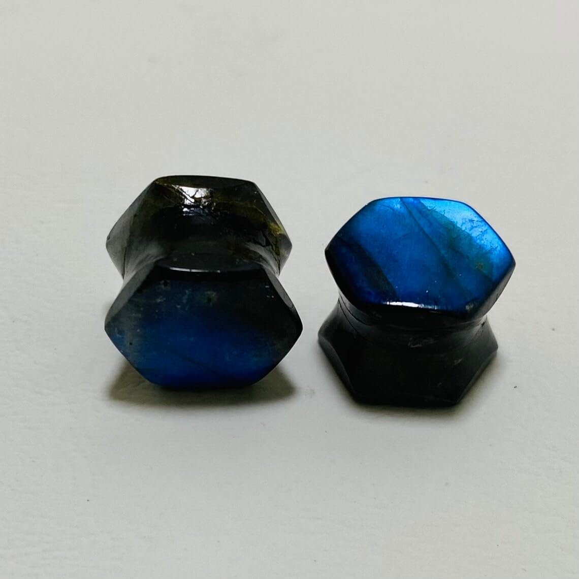 Body Piercing Jewelry Pair of Natural Blue Flash Labradorite Gemstone Handmade Hexagon Gauges Plugs (Set of 2)