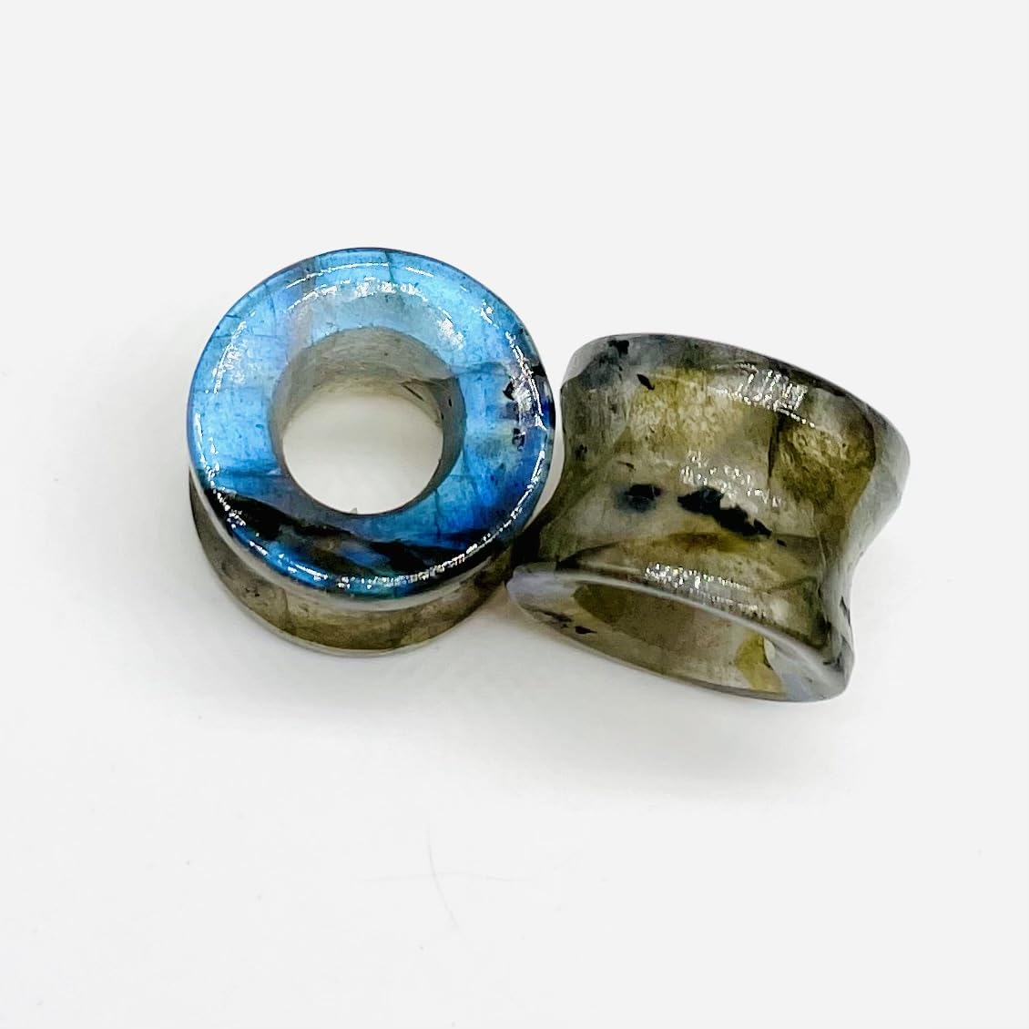 Pair of Natural Blue Flash Labradorite Crystal Handmade Ear Piercing Naga Body Jewelry Double Flare Round Shape Tunnel Plug Size 6g (4mm) to 1" (25mm) Customized Wholesale Also Available