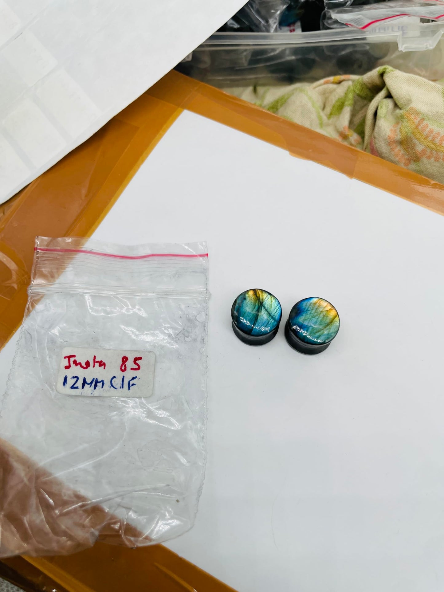 Natural Labradorite Stone Ear Plugs – Double Flared Saddle Fit Gauges for Stretched Ears – Handcrafted Pair – 12mm (1/2") – Iridescent Healing Crystal Jewelry