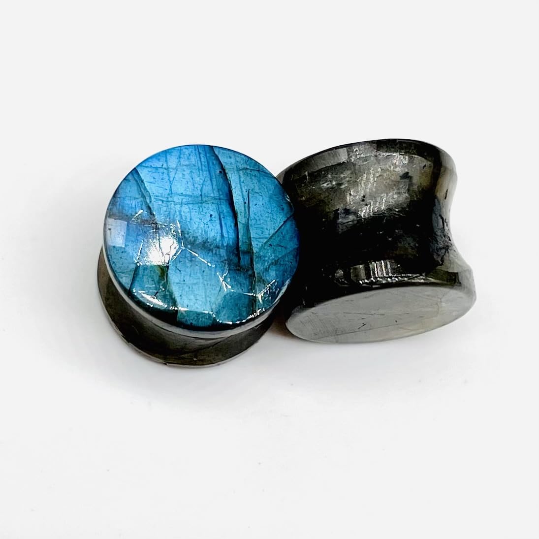 Pair of Genuine Sky Blue Flash Labradorite Gemstone Handcrafted Double Flare Round Shape Haxegon Cut Faceted Plug Tunnel Size 8g (3mm) to 1" (25mm) Customized Wholesale Available