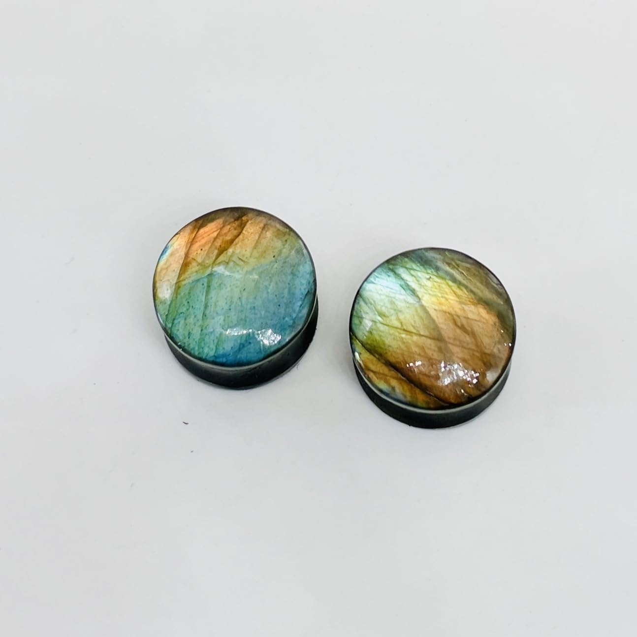 Natural Labradorite Stone Ear Plugs – 14mm (9/16") Double Flared Saddle Fit Gauges – Polished Crystal Plugs for Stretched Ears – Handcrafted Gemstone Pair