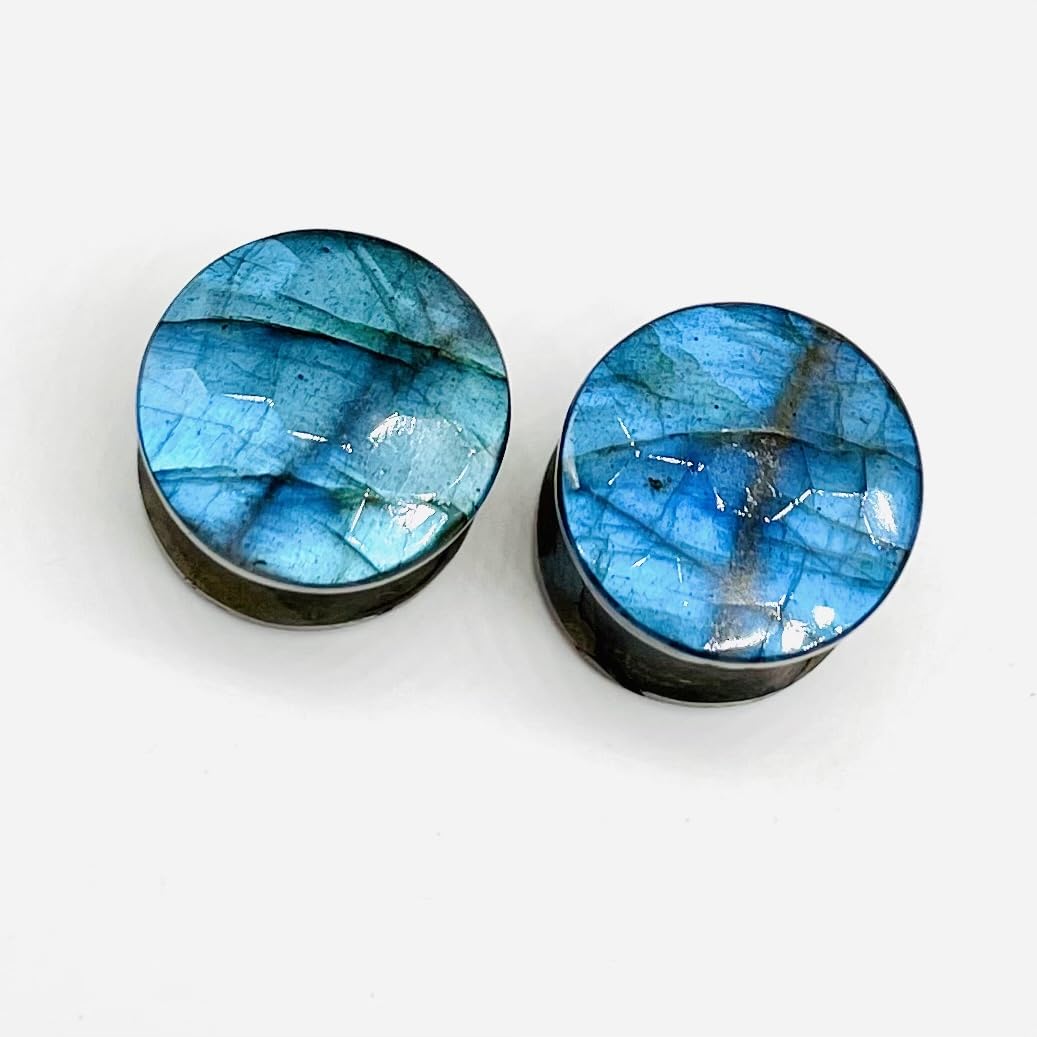 Pair of Genuine Sky Blue Flash Labradorite Gemstone Handcrafted Double Flare Round Shape Haxegon Cut Faceted Plug Tunnel Size 8g (3mm) to 1" (25mm) Customized Wholesale Available