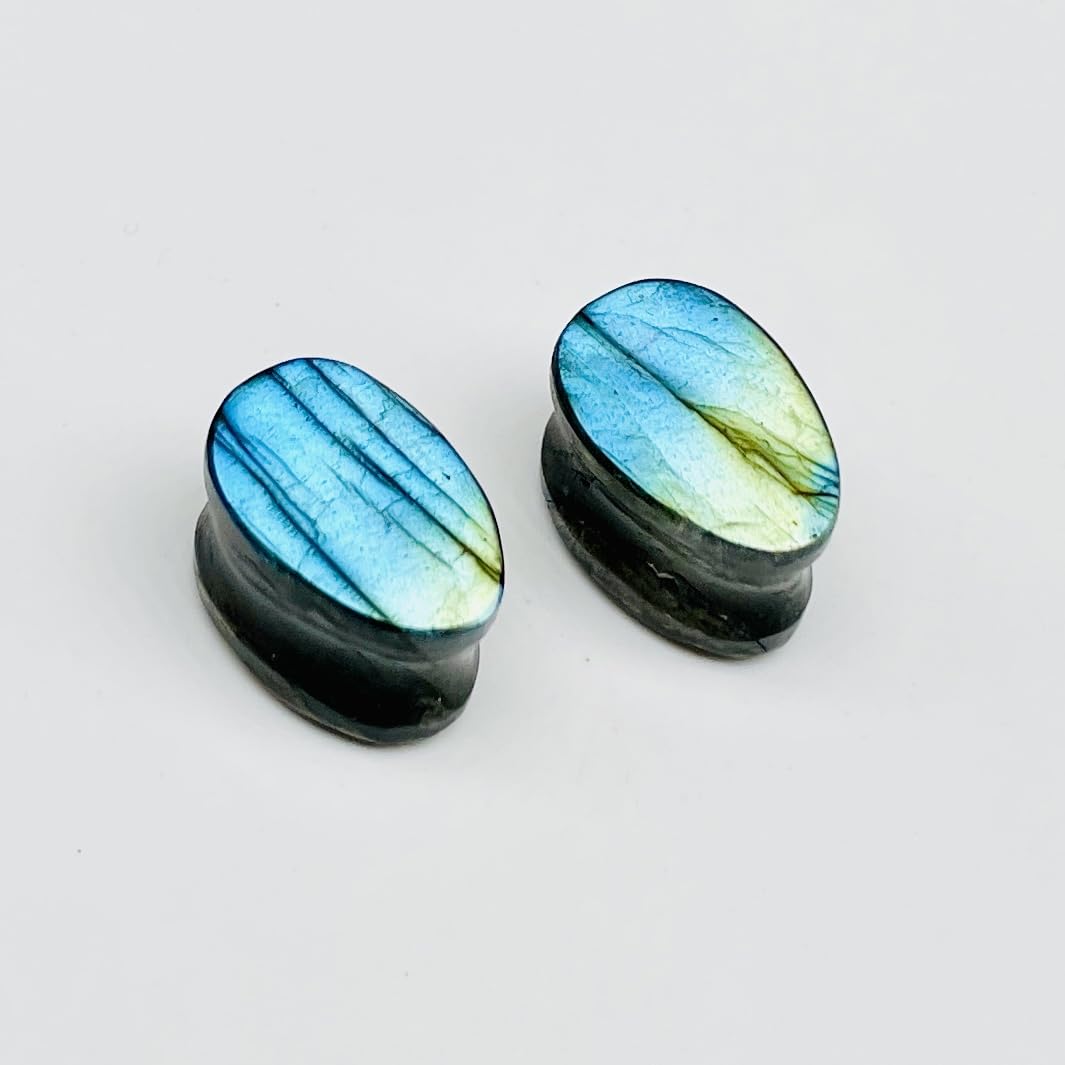 Sky Blue Labradorite, Double Flared Teardrop Ear Plugs, Size 8g (3mm) - 1" (25mm), Pair, Custom Sizes Available