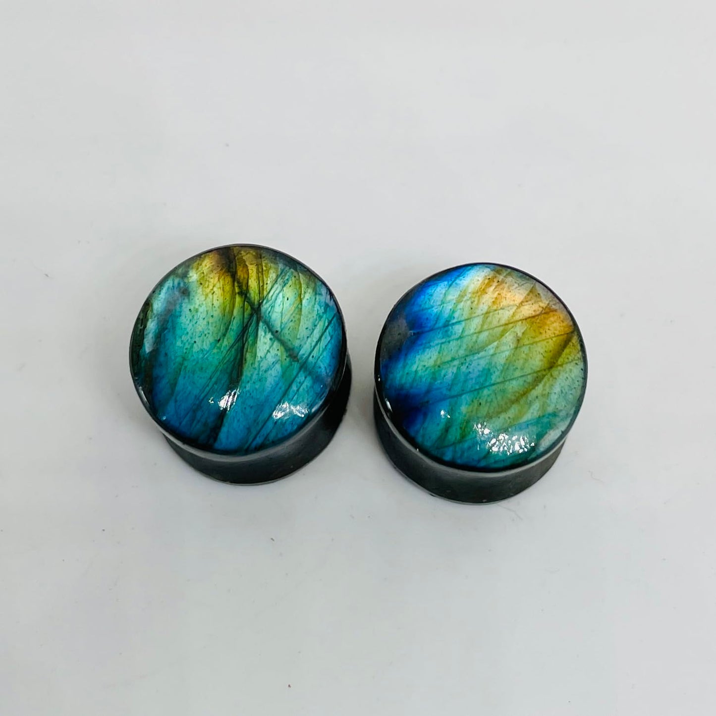 Natural Labradorite Stone Ear Plugs – Double Flared Saddle Fit Gauges for Stretched Ears – Handcrafted Pair – 12mm (1/2") – Iridescent Healing Crystal Jewelry