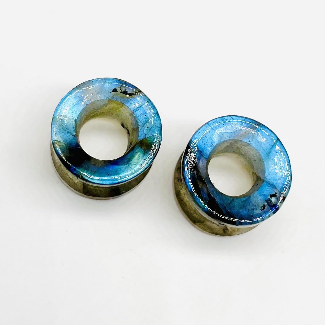 Pair of Natural Blue Flash Labradorite Crystal Handmade Ear Piercing Naga Body Jewelry Double Flare Round Shape Tunnel Plug Size 6g (4mm) to 1" (25mm) Customized Wholesale Also Available
