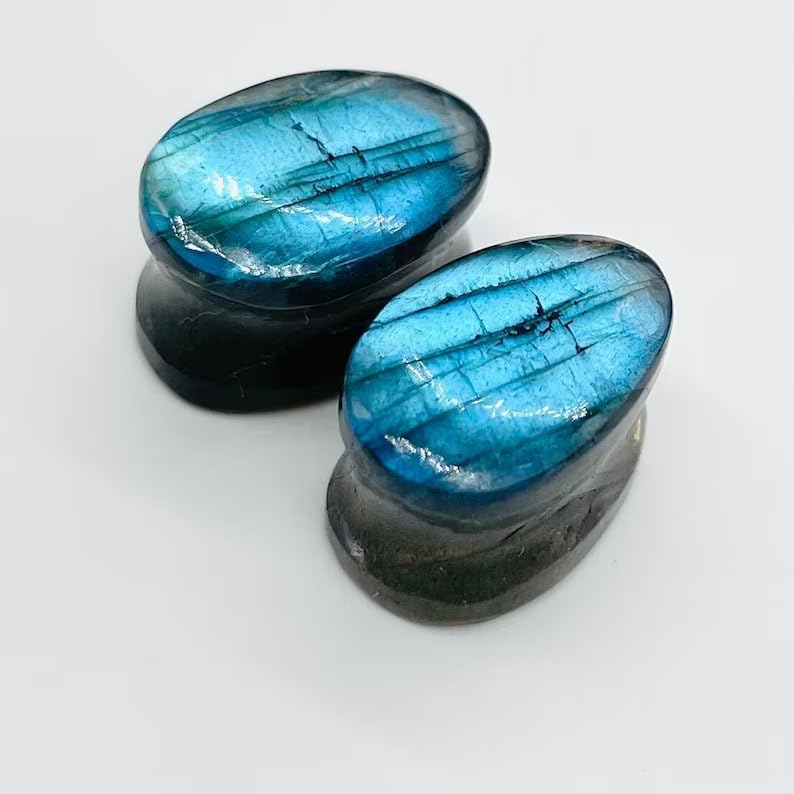 Body Jewelry Naga Pair of Natural Blue Fire Labradorite Gemstone Teardrop Plugs for Ear Piercing (Pair of 1, 8g to 1')