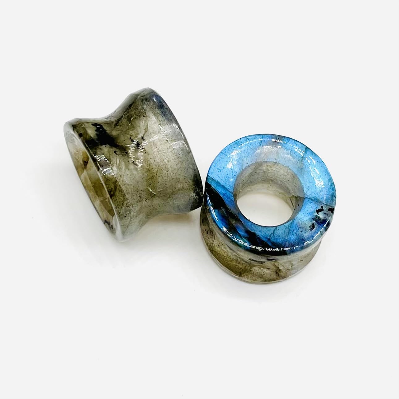 Pair of Natural Blue Flash Labradorite Crystal Handmade Ear Piercing Naga Body Jewelry Double Flare Round Shape Tunnel Plug Size 6g (4mm) to 1" (25mm) Customized Wholesale Also Available