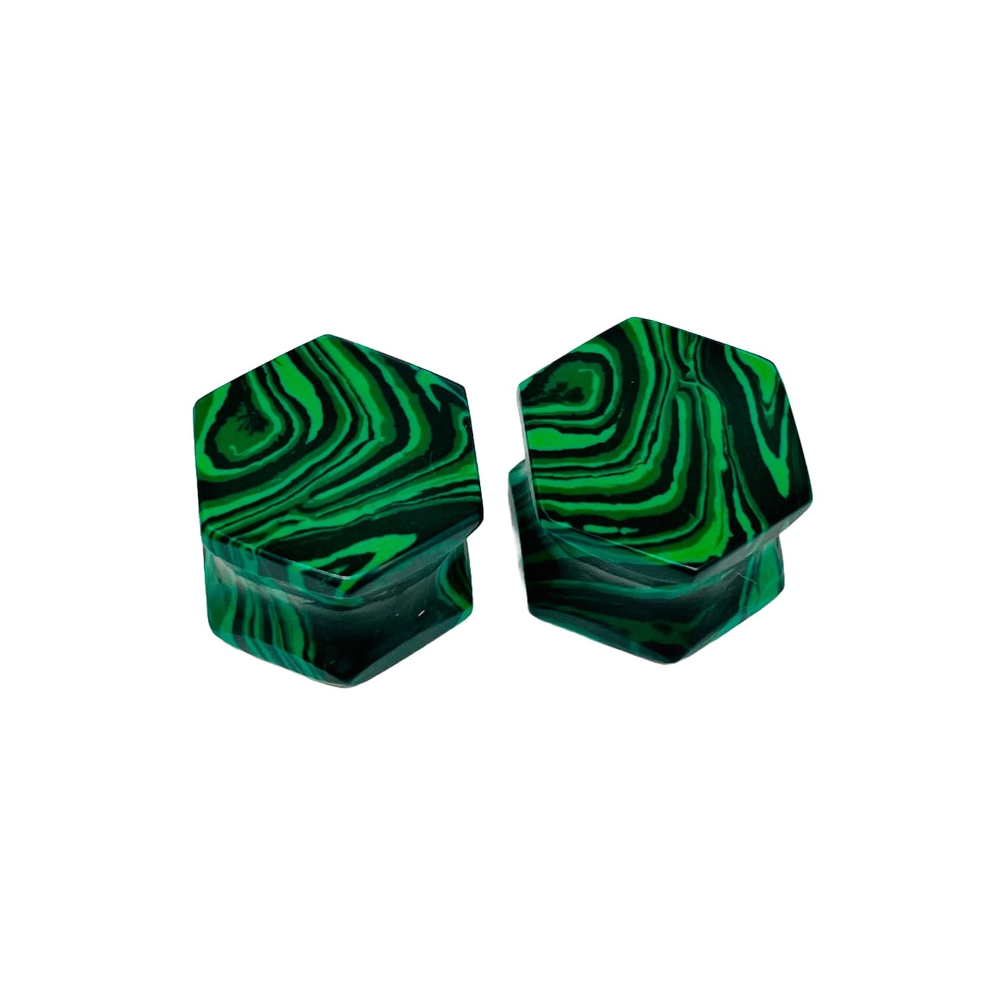 Handmade Green Malachite Crystal Hexagon Double Flared Ear Plugs Gauges Pair, Sizes 3mm (8g) to 54mm (2-1/8 inches)