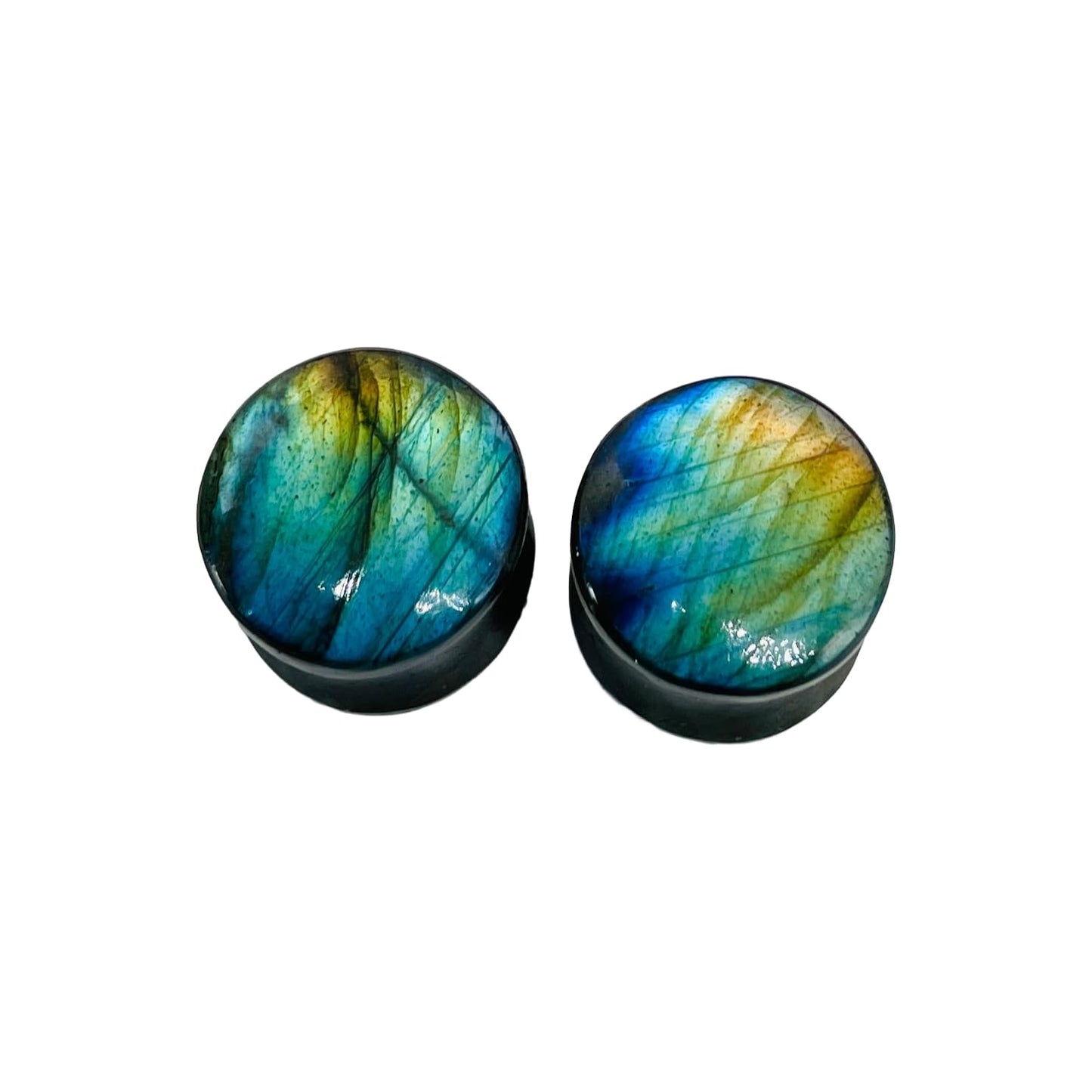 Natural Labradorite Stone Ear Plugs – Double Flared Saddle Fit Gauges for Stretched Ears – Handcrafted Pair – 12mm (1/2") – Iridescent Healing Crystal Jewelry