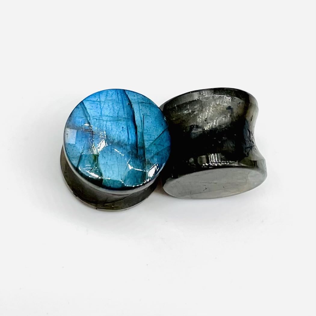 Pair of Genuine Sky Blue Flash Labradorite Gemstone Handcrafted Double Flare Round Shape Haxegon Cut Faceted Plug Tunnel Size 8g (3mm) to 1" (25mm) Customized Wholesale Available