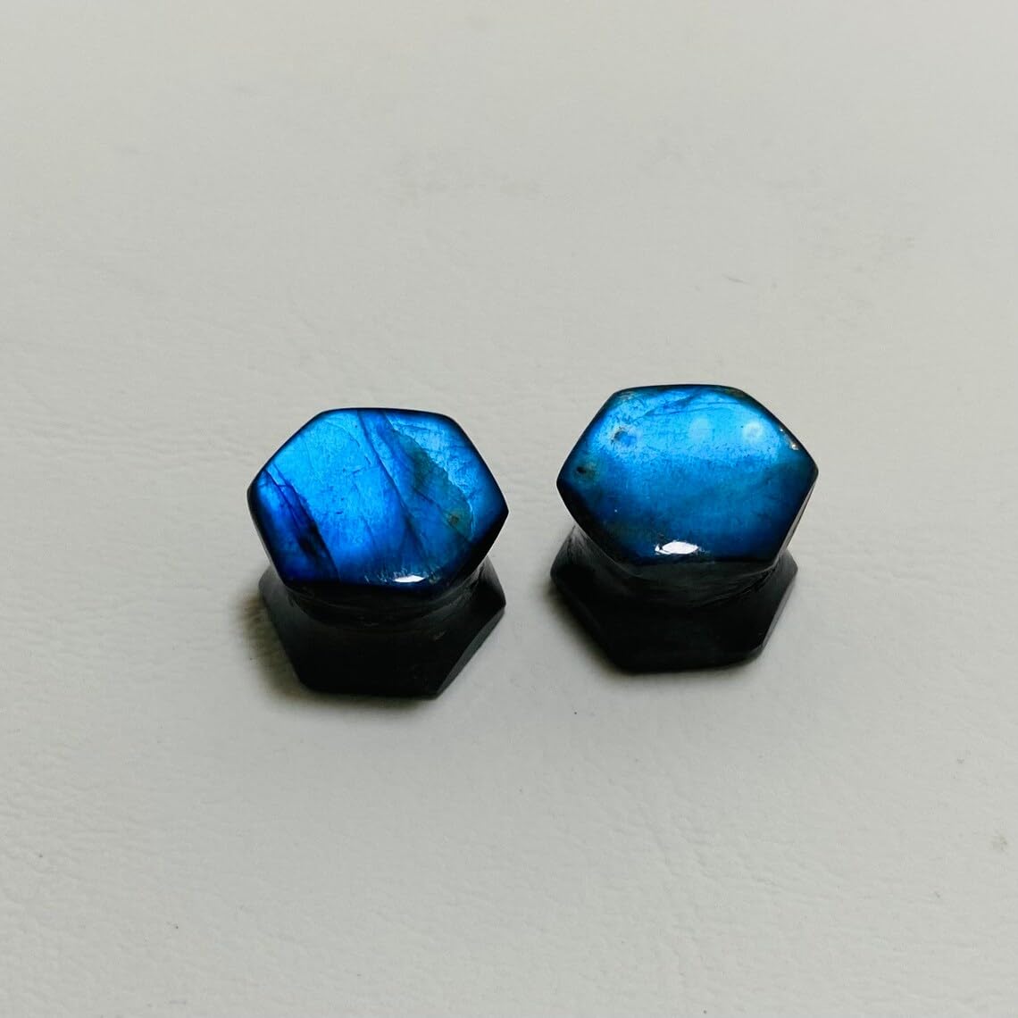 Body Piercing Jewelry Pair of Natural Blue Flash Labradorite Gemstone Handmade Hexagon Gauges Plugs (Set of 2)