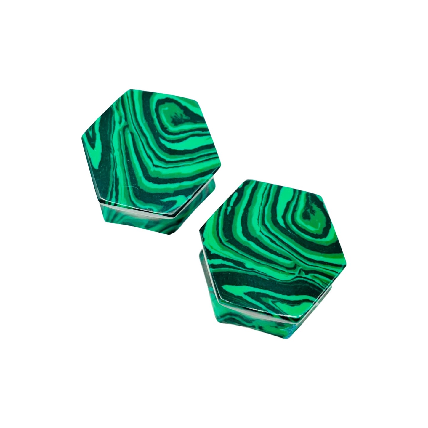 Handmade Green Malachite Crystal Hexagon Double Flared Ear Plugs Gauges Pair, Sizes 3mm (8g) to 54mm (2-1/8 inches)
