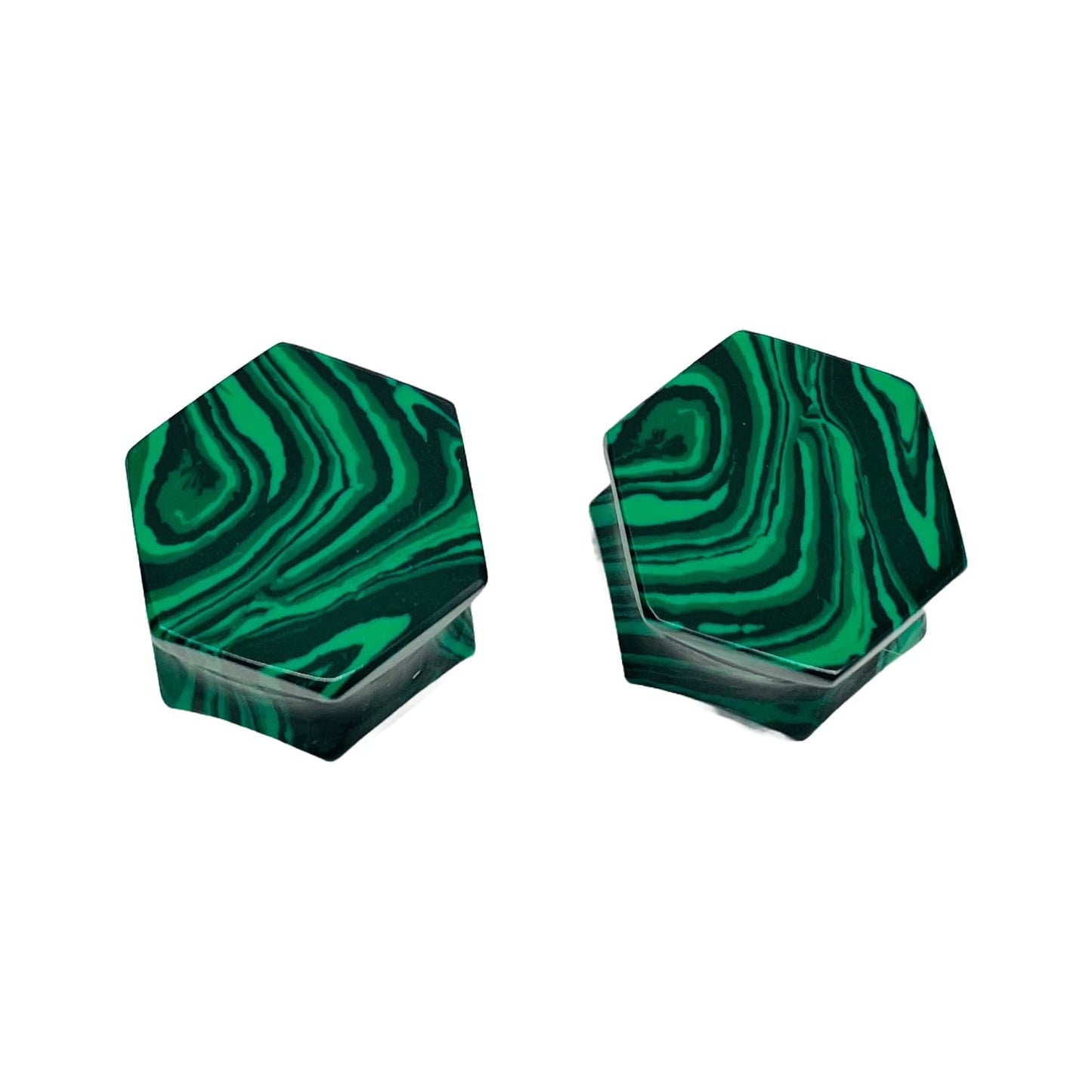 Handmade Green Malachite Crystal Hexagon Double Flared Ear Plugs Gauges Pair, Sizes 3mm (8g) to 54mm (2-1/8 inches)