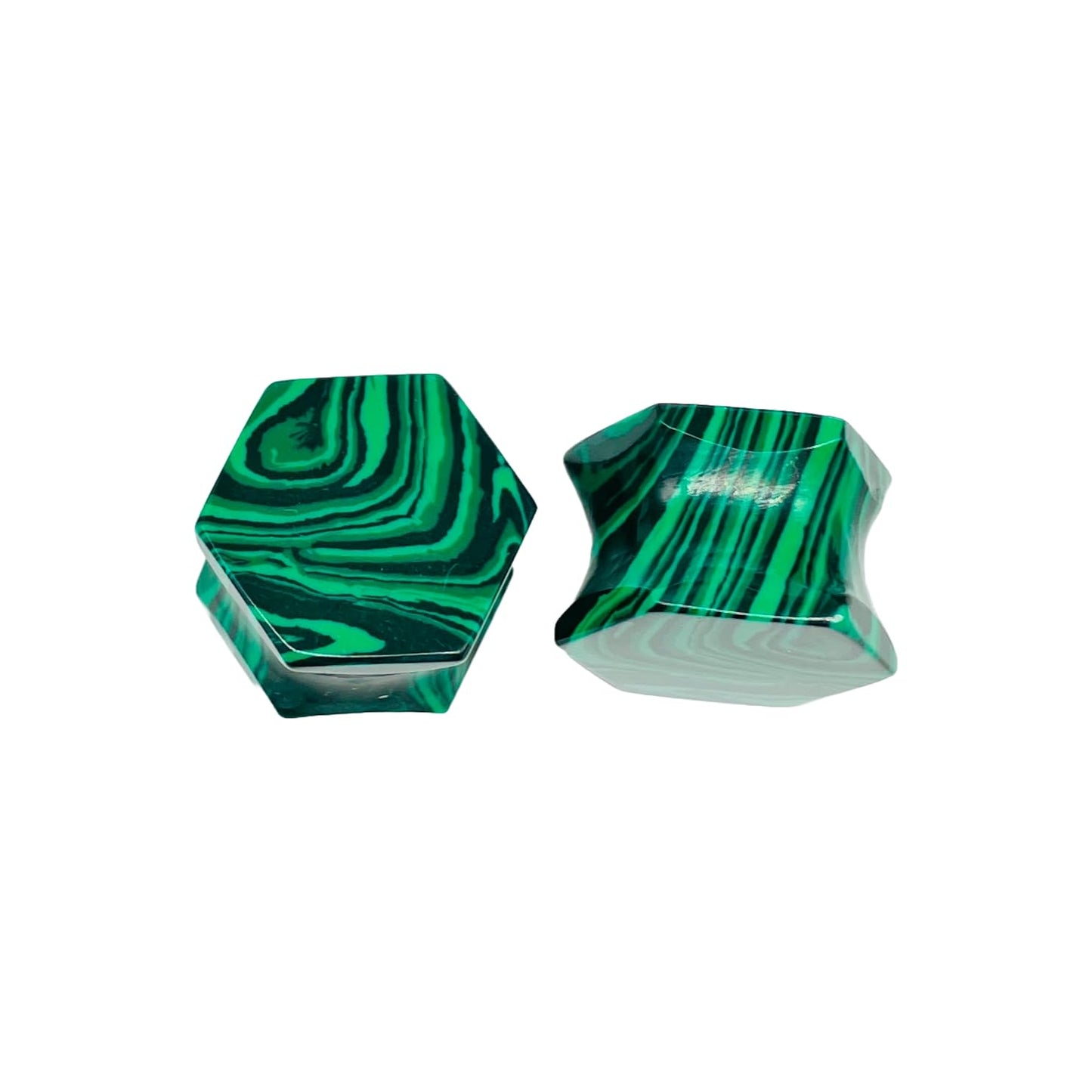Handmade Green Malachite Crystal Hexagon Double Flared Ear Plugs Gauges Pair, Sizes 3mm (8g) to 54mm (2-1/8 inches)