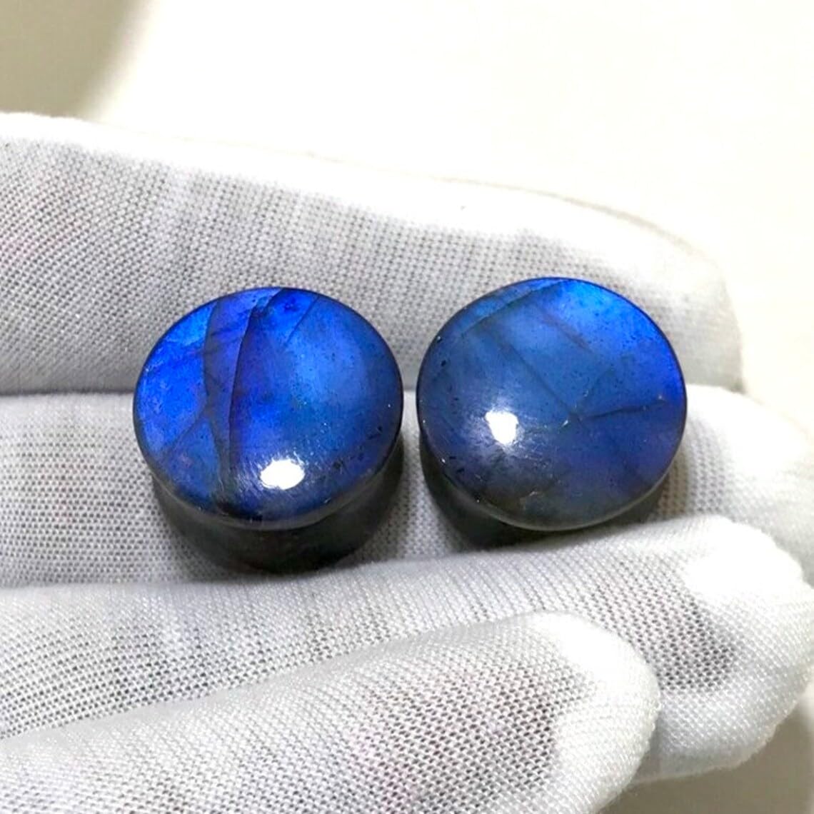 BodyJewels007 Body Jewelry Pair of Natural Blue Flash Labradorite Gemstone Double Flared Round Shaped Naga Body Ear Piercing Jewelry Gauges Plugs Size 8g (3mm) to 1" (25mm)