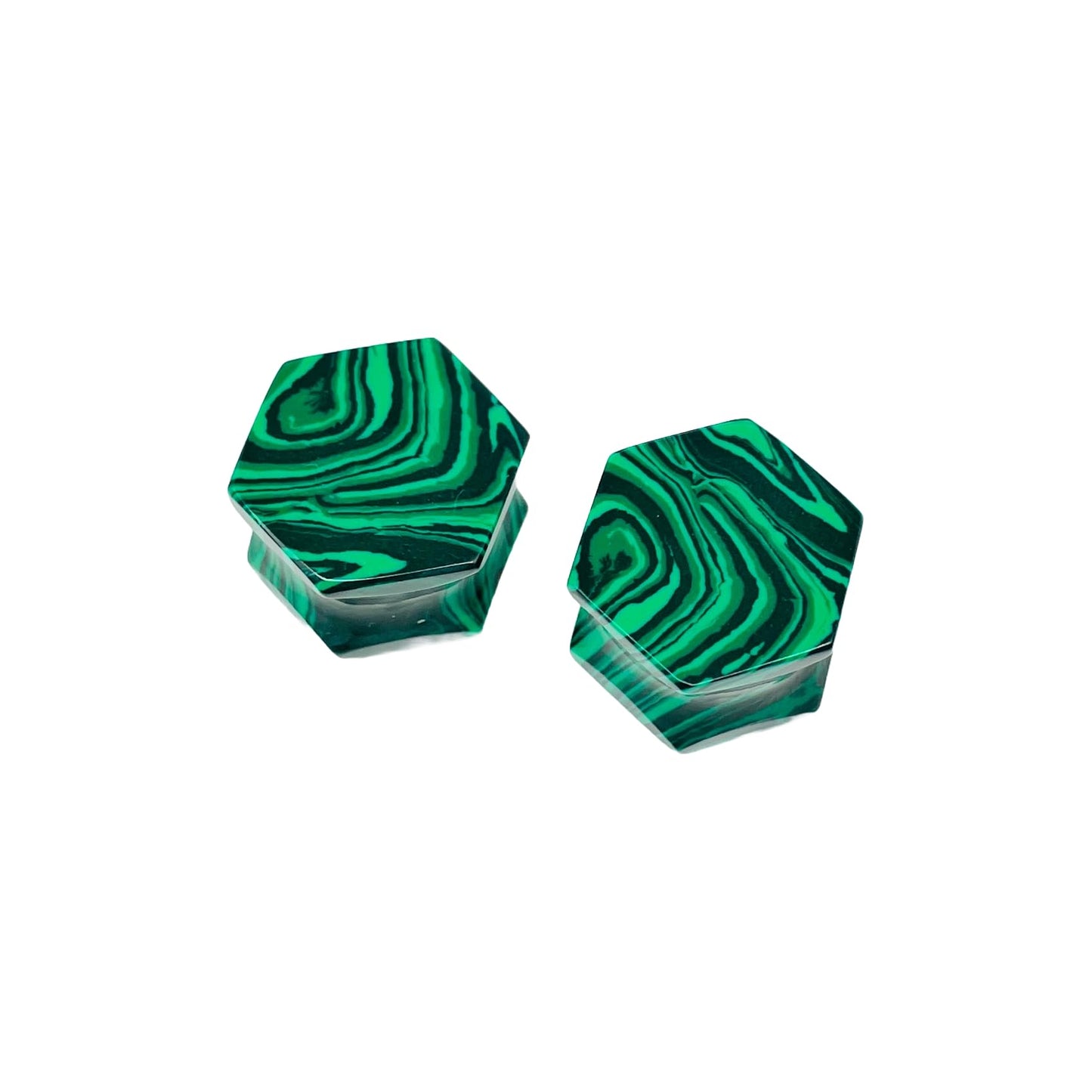 Handmade Green Malachite Crystal Hexagon Double Flared Ear Plugs Gauges Pair, Sizes 3mm (8g) to 54mm (2-1/8 inches)