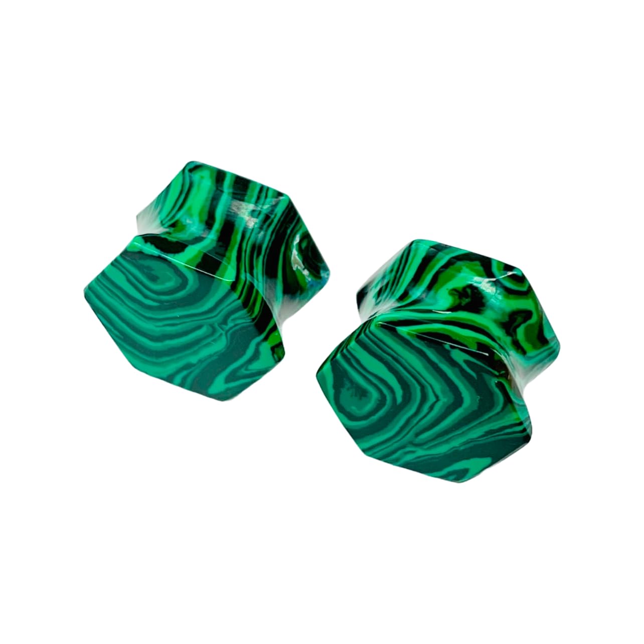 Handmade Green Malachite Crystal Hexagon Double Flared Ear Plugs Gauges Pair, Sizes 3mm (8g) to 54mm (2-1/8 inches)