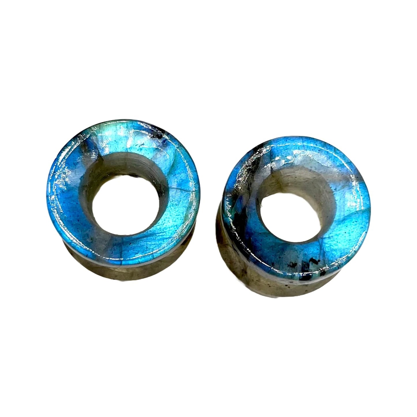 Pair of Natural Blue Flash Labradorite Crystal Handmade Ear Piercing Naga Body Jewelry Double Flare Round Shape Tunnel Plug Size 6g (4mm) to 1" (25mm) Customized Wholesale Also Available