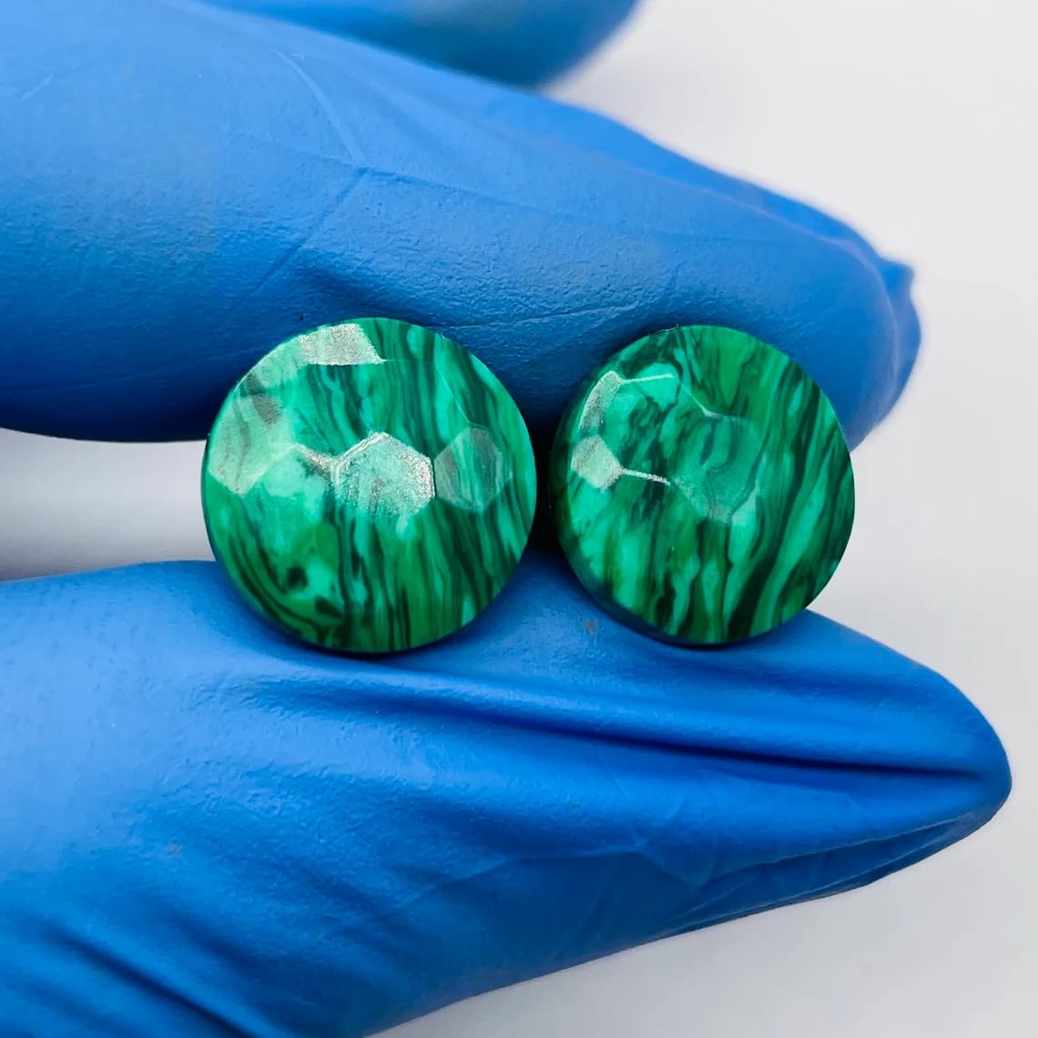 Malachite Crystal Handmade Naga Ear Gauges, 8g (3mm) to 1 inch (25mm), Green, Round Faceted Hexagon Cut, Single Flared, Pair