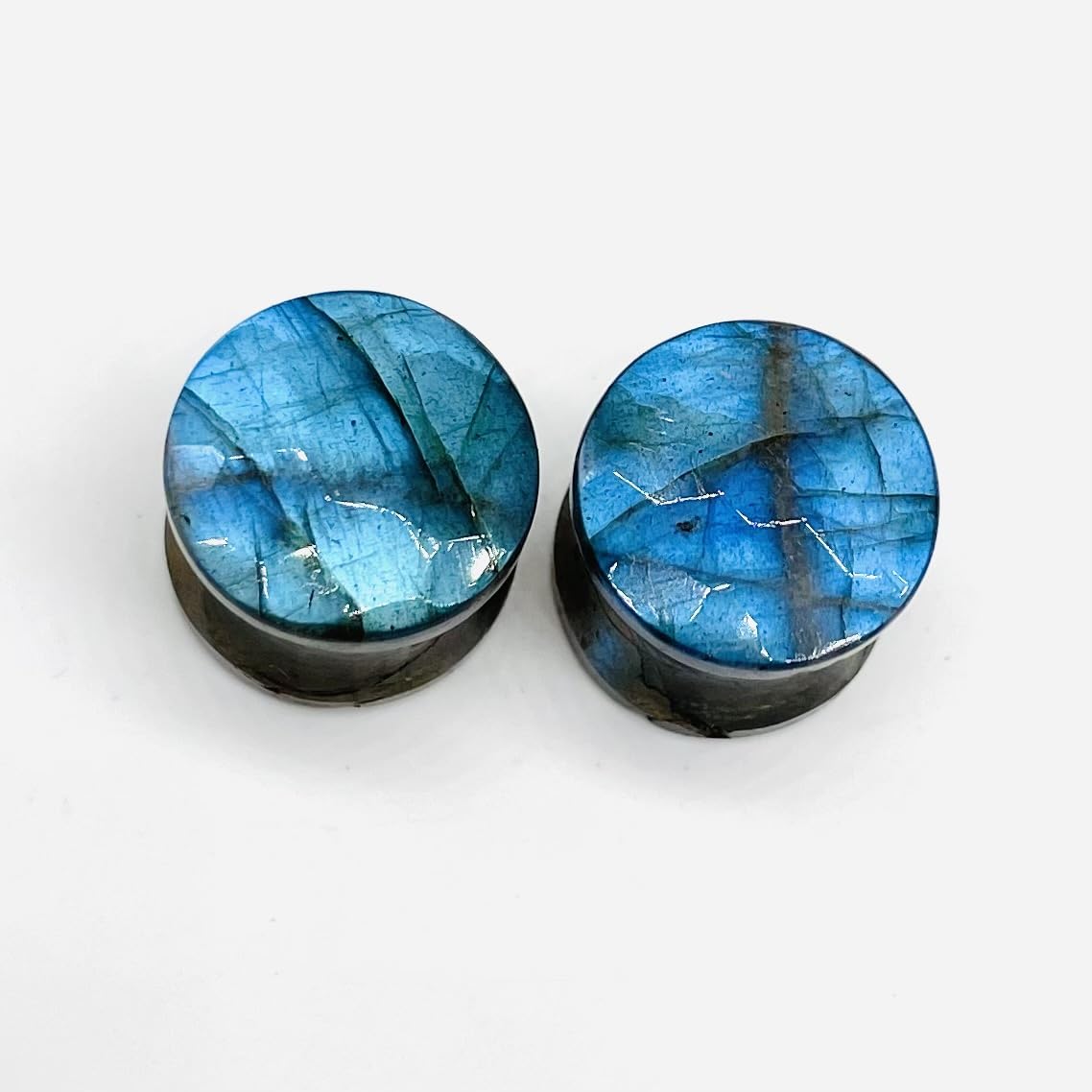 Pair of Genuine Sky Blue Flash Labradorite Gemstone Handcrafted Double Flare Round Shape Haxegon Cut Faceted Plug Tunnel Size 8g (3mm) to 1" (25mm) Customized Wholesale Available