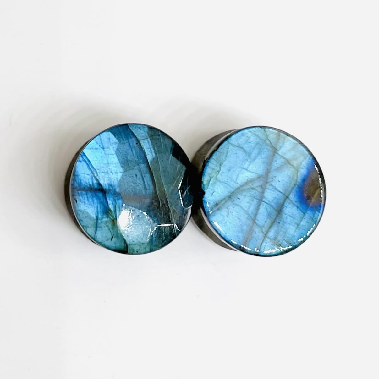 Pair of Genuine Sky Blue Flash Labradorite Gemstone Handcrafted Double Flare Round Shape Haxegon Cut Faceted Plug Tunnel Size 8g (3mm) to 1" (25mm) Customized Wholesale Available