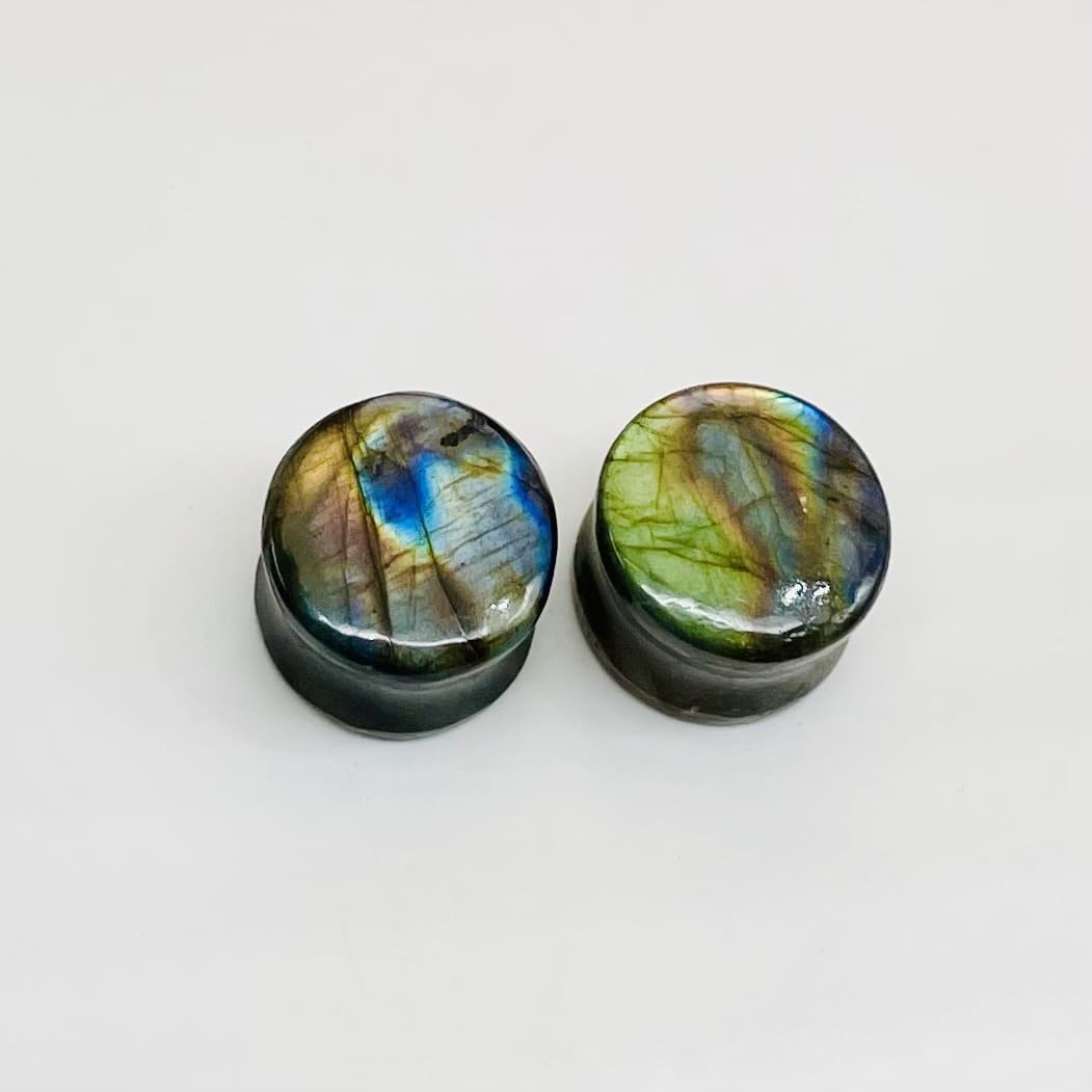 Natural Rare Flash Labradorite Crystal Handmade Double Flare Convex/Concave Round Ear Plugs Naga Body Jewlry Gauges Size 9/16" (14mm) Ready to Ship
