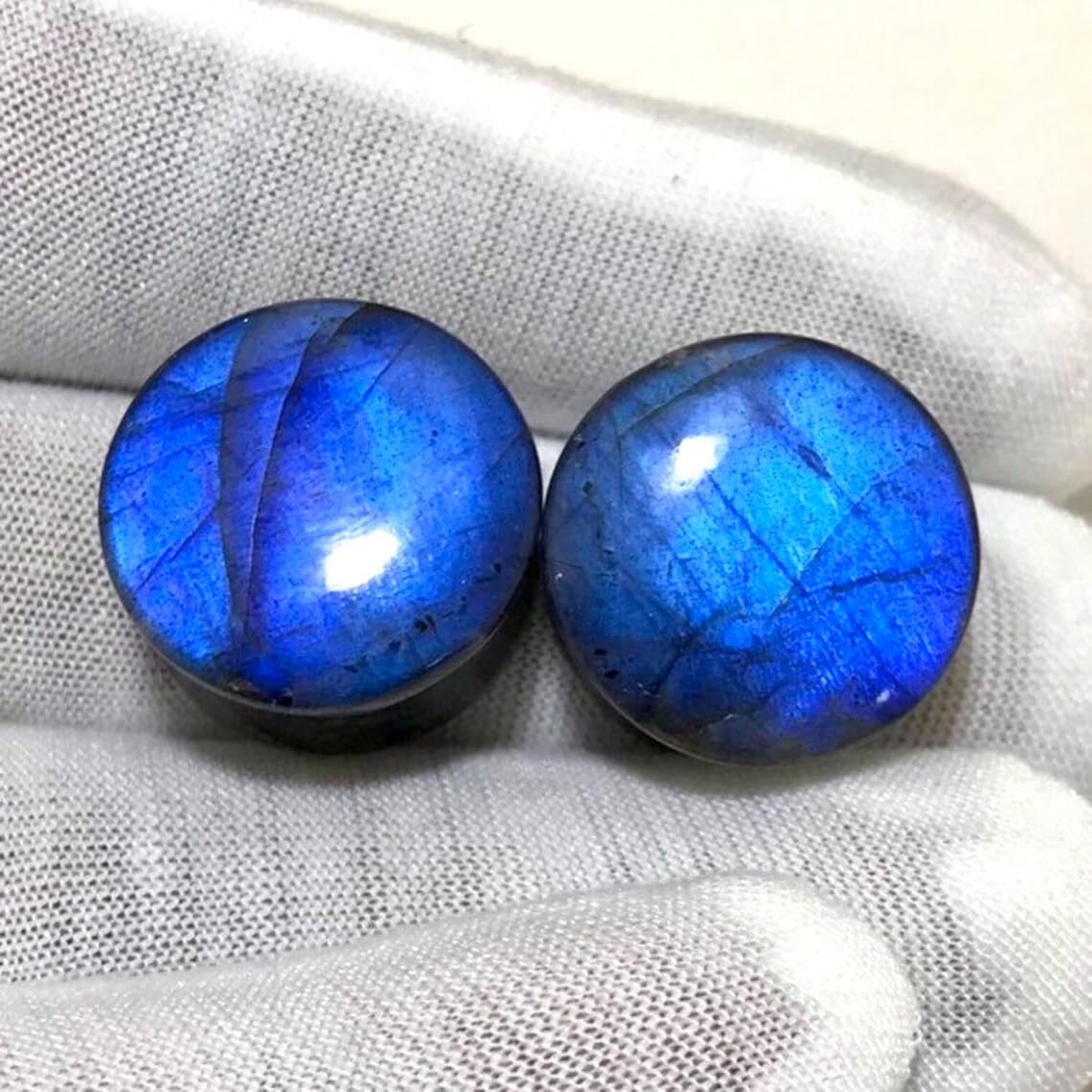 BodyJewels007 Body Jewelry Pair of Natural Blue Flash Labradorite Gemstone Double Flared Round Shaped Naga Body Ear Piercing Jewelry Gauges Plugs Size 8g (3mm) to 1" (25mm)