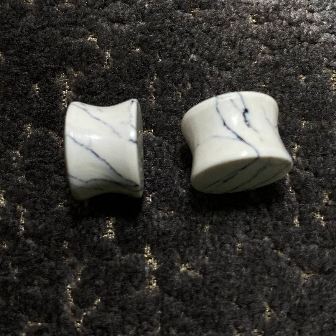 White Howlite Stone Ear Plugs | Natural Double Flared Body Jewelry | Marble Look Gauge Plugs for Stretched Ears