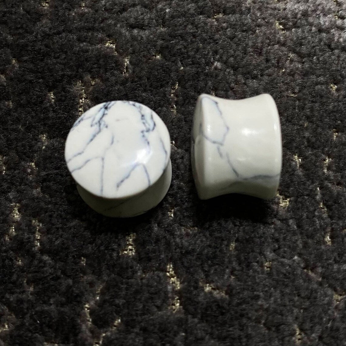 White Howlite Stone Ear Plugs | Natural Double Flared Body Jewelry | Marble Look Gauge Plugs for Stretched Ears