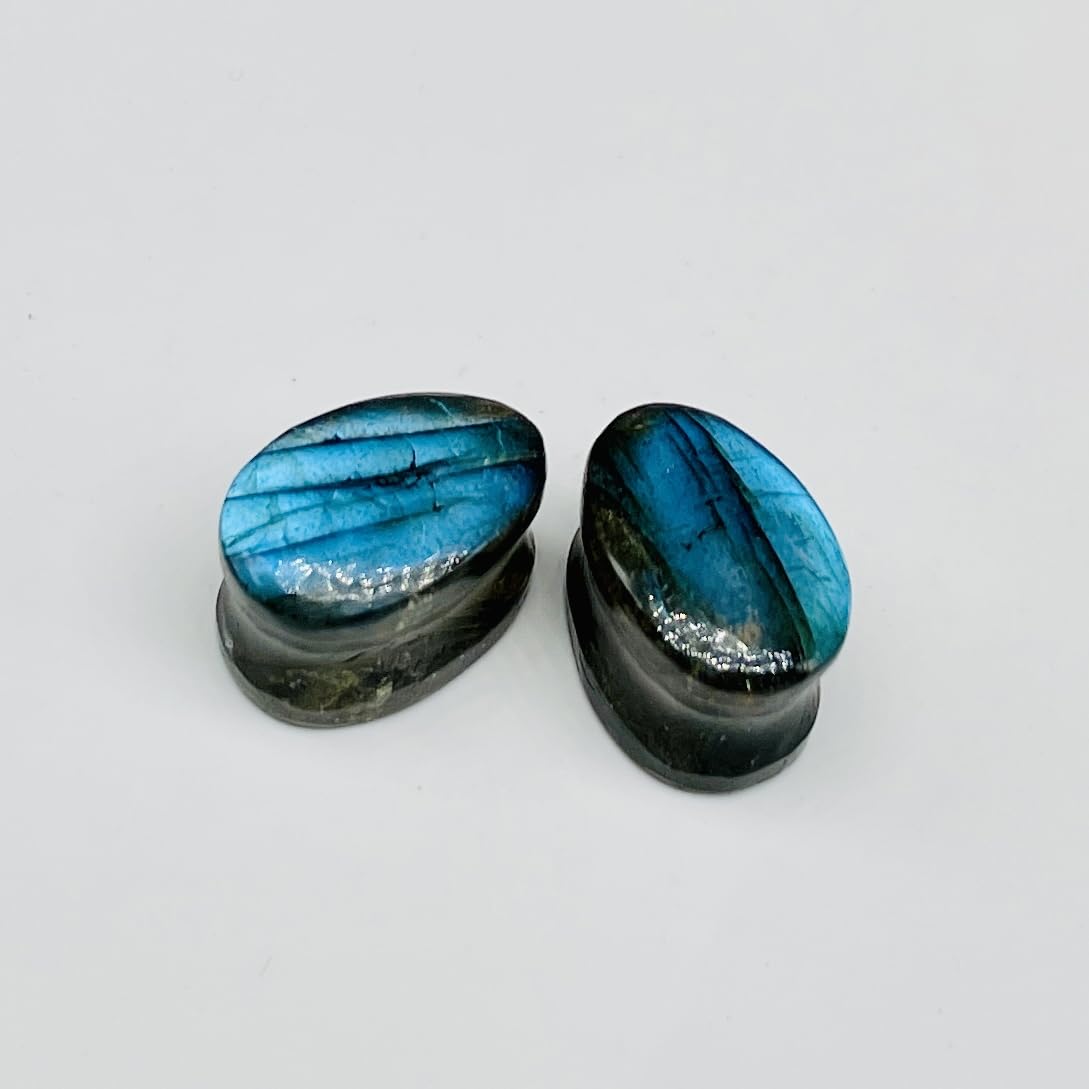 Sky Blue Labradorite, Double Flared Teardrop Ear Plugs, Size 8g (3mm) - 1" (25mm), Pair, Custom Sizes Available