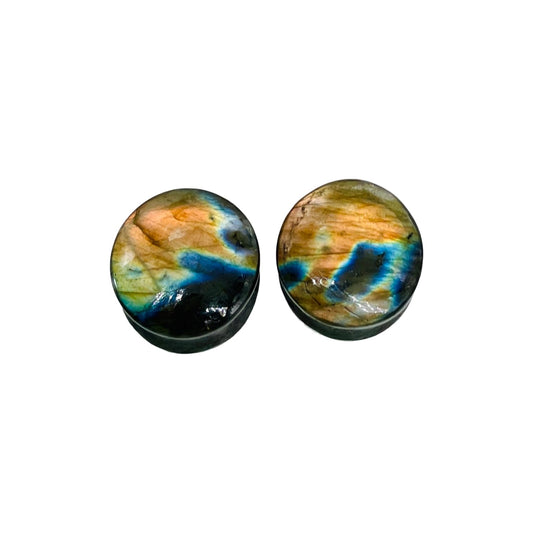 Natural Labradorite Stone Ear Plugs – 16mm (5/8") Double Flared Saddle Fit Gauges – Handcrafted Gemstone Pair – Polished Healing Crystal Jewelry for Stretched Ears
