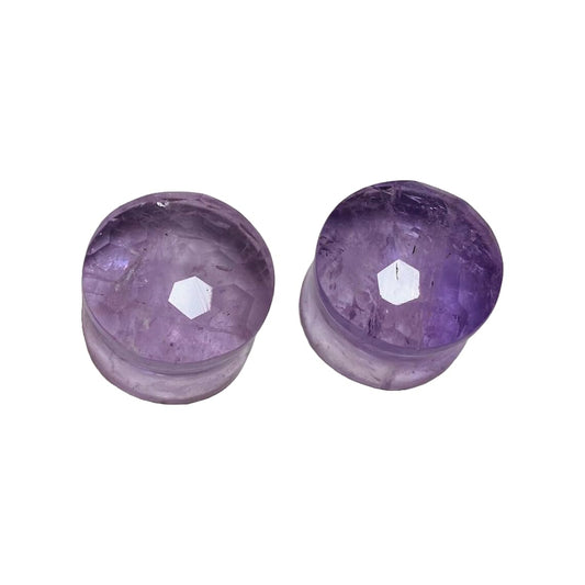 Natural Amethyst Stone Ear Plugs – Double Flared Saddle Fit Gauges – Faceted Top – Light Purple Crystal Pair for Stretched Ears – Handcrafted Gemstone Body Jewelry