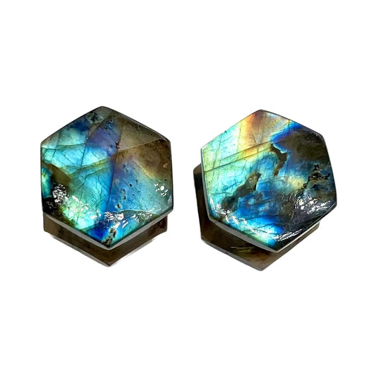 Labradorite Double Flare Earring Plug, Hexagon, Size 8g (3mm) to 2-1/8” (54mm), Natural Multi Flashy Labradorite Stone Earring Body Jewelry for Men and Women
