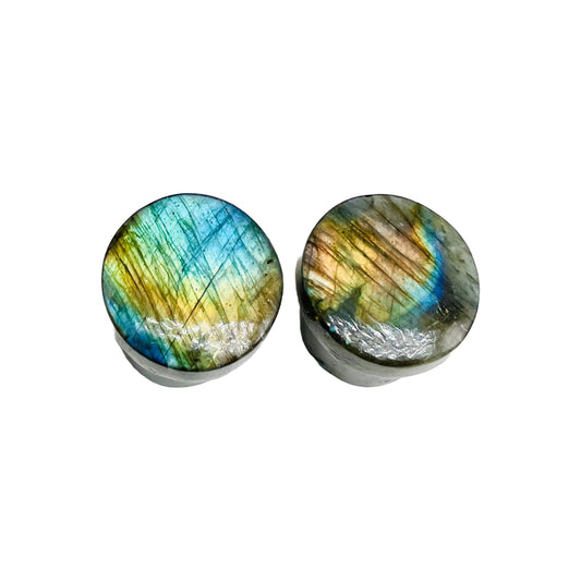 Naga Body Jewelry Pair of Multi Flash Natural Labradorite Gemstone Round Shaped Ear Piercing Single Flared Gauges & Plugs Naga Plug Body Jewelry Size 8g (3mm) to 1" (25mm)