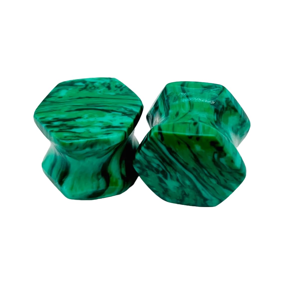 Green Malachite Crystal Naga Body Piercing Jewelry, Double Flared Hexagon Ear Gauges, 3mm (8g) to 54mm (2-1/8 inches), Set of 2