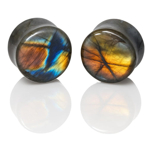 Handcrafted Labradorite Stone Plugs – Organic Natural Ear Gauges with Iridescent Blue-Gold Flash – Double Flared – Sold as a Pair