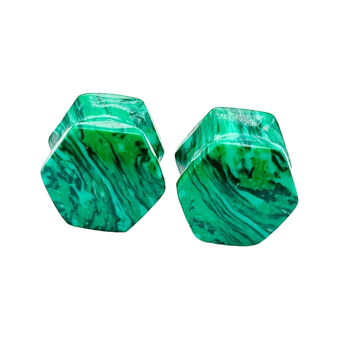 Green Malachite Crystal Naga Body Piercing Jewelry, Double Flared Hexagon Ear Gauges, 3mm (8g) to 54mm (2-1/8 inches), Set of 2