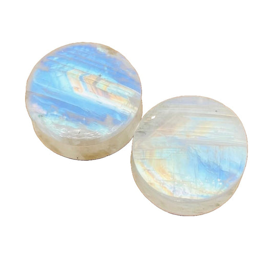 Pair of Natural White Rainbow Moonstone Gemstone Handmade Double Flared Round Shaped Ear Gauges Plugs Naga Body Piercing Jewelry Size 8g (3mm) to 1" (25mm)