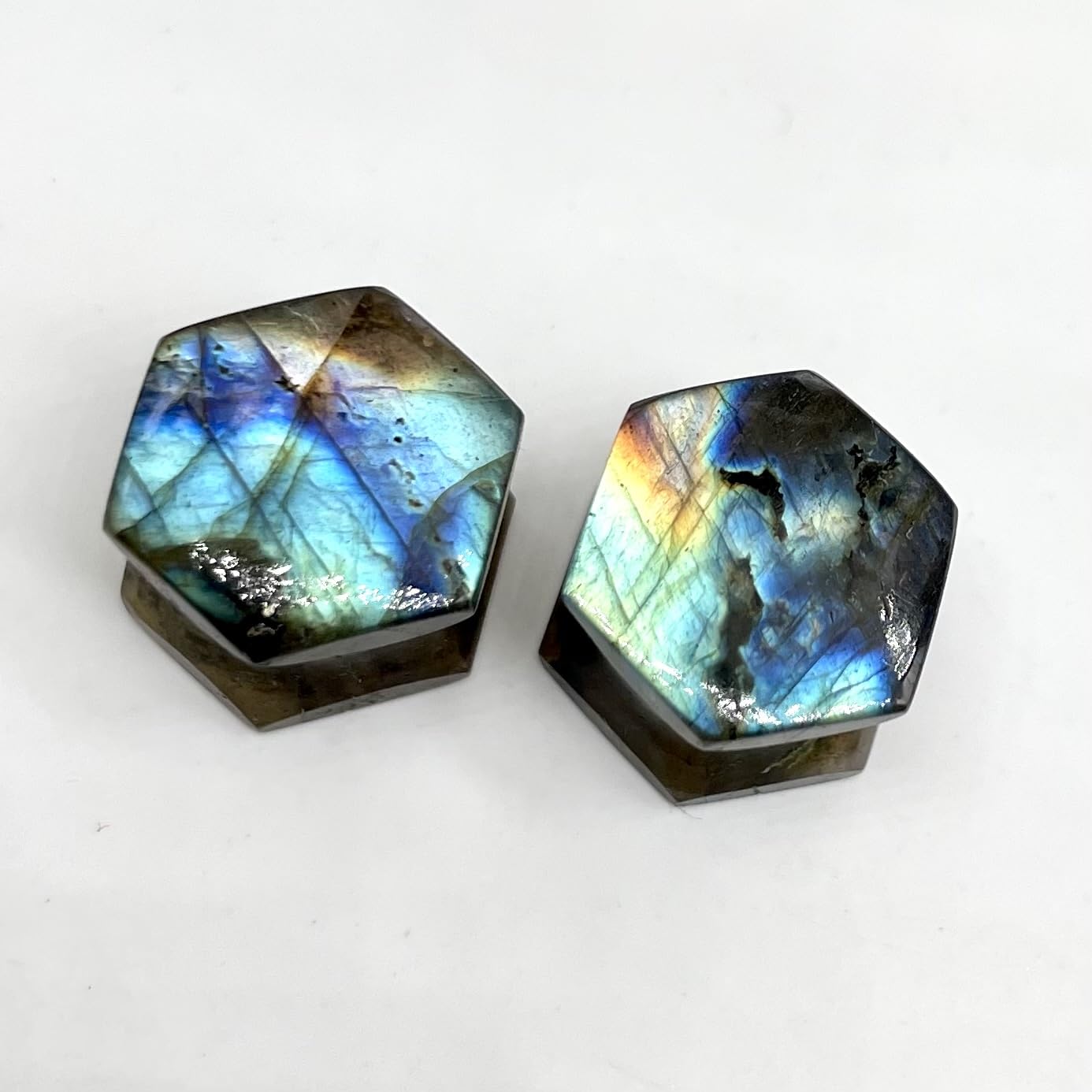 Labradorite Double Flare Earring Plug, Hexagon, Size 8g (3mm) to 2-1/8” (54mm), Natural Multi Flashy Labradorite Stone Earring Body Jewelry for Men and Women