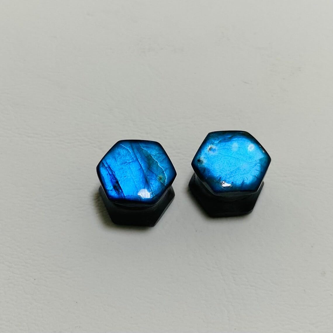 Body Piercing Jewelry Pair of Natural Blue Flash Labradorite Gemstone Handmade Hexagon Gauges Plugs (Set of 2)