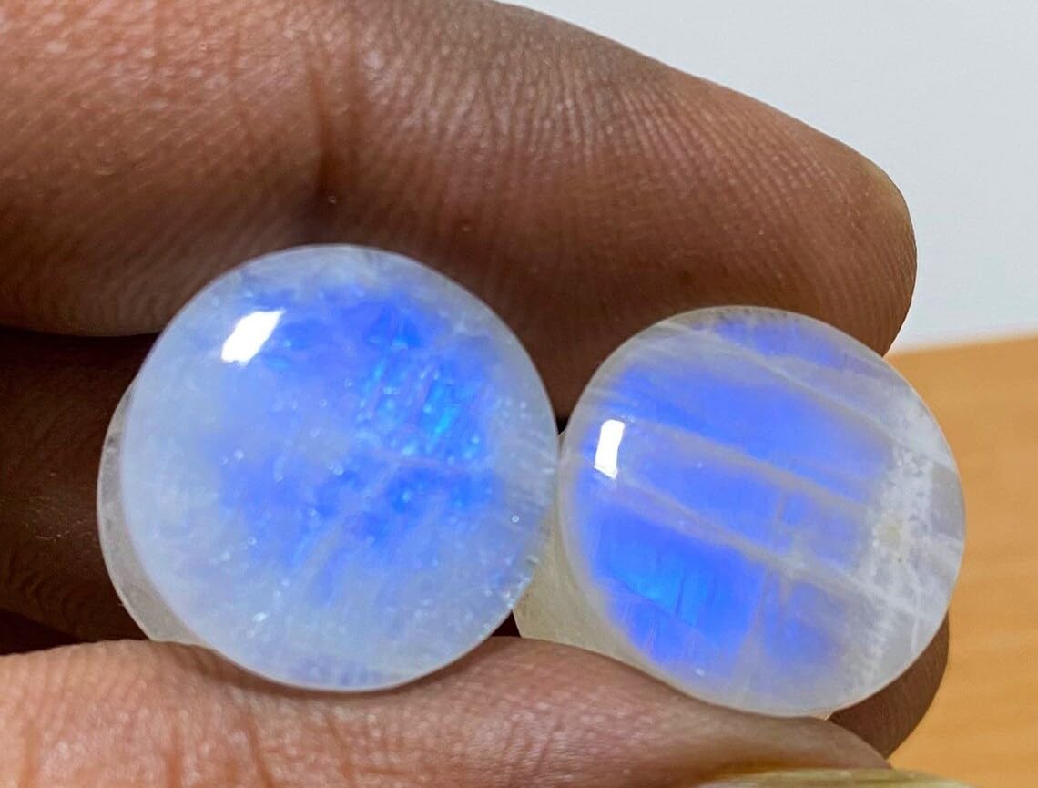 Pair of Natural White Rainbow Moonstone Gemstone Handmade Double Flared Round Shaped Ear Gauges Plugs Naga Body Piercing Jewelry Size 8g (3mm) to 1" (25mm)