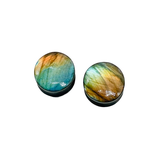 Natural Labradorite Stone Ear Plugs – 14mm (9/16") Double Flared Saddle Fit Gauges – Polished Crystal Plugs for Stretched Ears – Handcrafted Gemstone Pair
