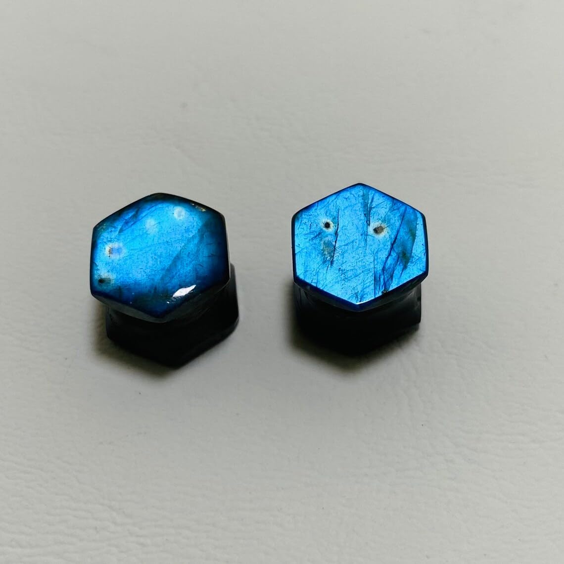 Body Piercing Jewelry Pair of Natural Blue Flash Labradorite Gemstone Handmade Hexagon Gauges Plugs (Set of 2)