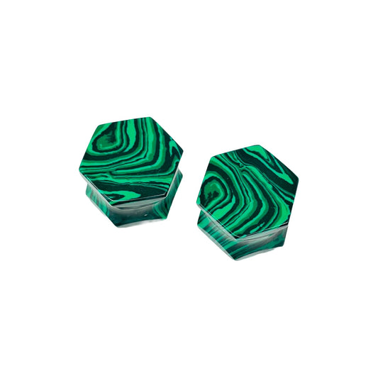 Handmade Green Malachite Crystal Hexagon Double Flared Ear Plugs Gauges Pair, Sizes 3mm (8g) to 54mm (2-1/8 inches)