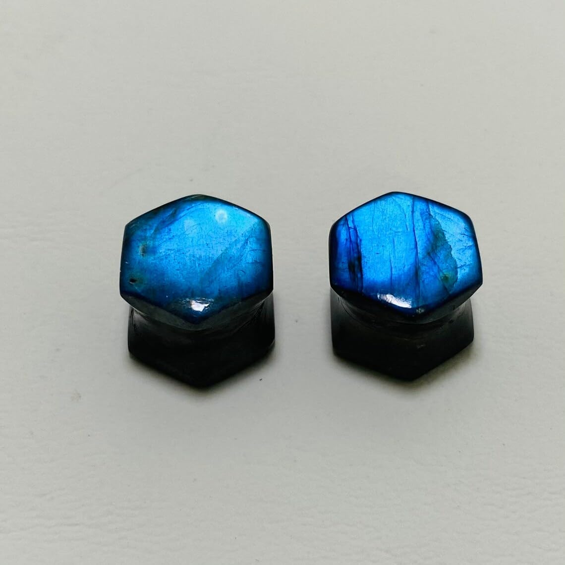 Body Piercing Jewelry Pair of Natural Blue Flash Labradorite Gemstone Handmade Hexagon Gauges Plugs (Set of 2)