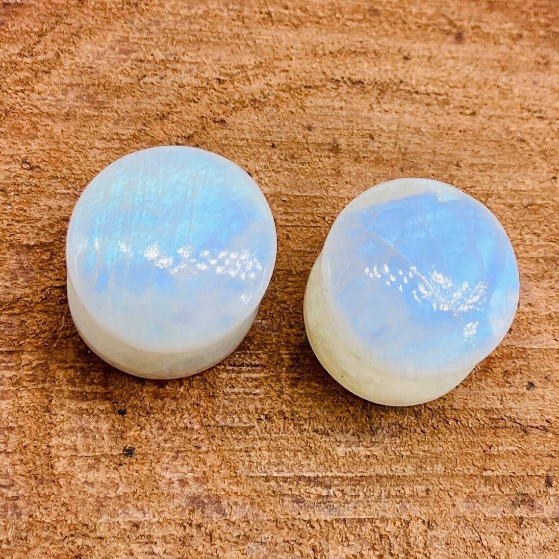Pair of Natural White Rainbow Moonstone Gemstone Handmade Double Flared Round Shaped Ear Gauges Plugs Naga Body Piercing Jewelry Size 8g (3mm) to 1" (25mm)