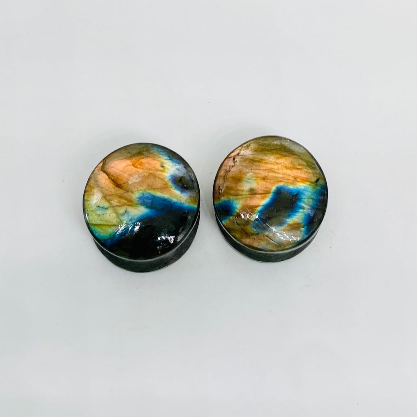 Natural Labradorite Stone Ear Plugs – 16mm (5/8") Double Flared Saddle Fit Gauges – Handcrafted Gemstone Pair – Polished Healing Crystal Jewelry for Stretched Ears